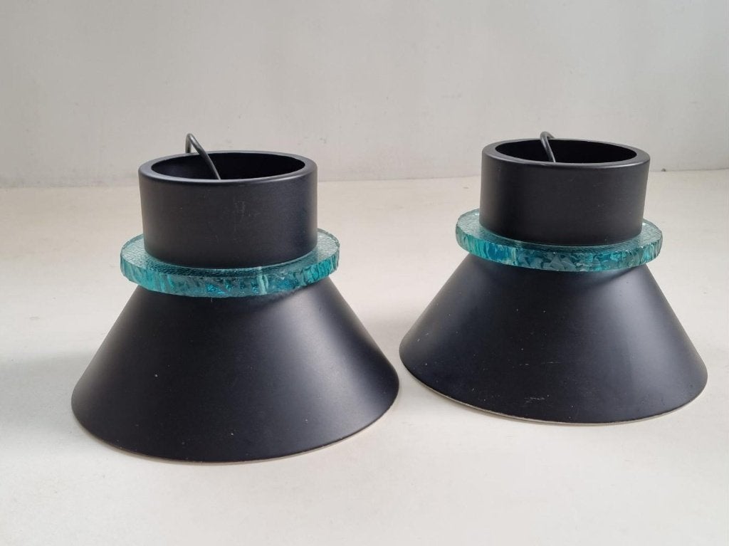 Set van 2 Hiemstra Evolux hanglampen zwart turquoise glas, Huis en Inrichting, Ophalen, Gebruikt, E27 (groot), Glas