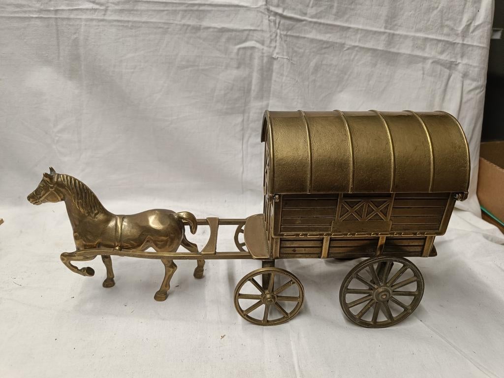 Paard en kar in koper 40 cm op 18 koffer gaat open, Antiek en Kunst, Ophalen, Koper