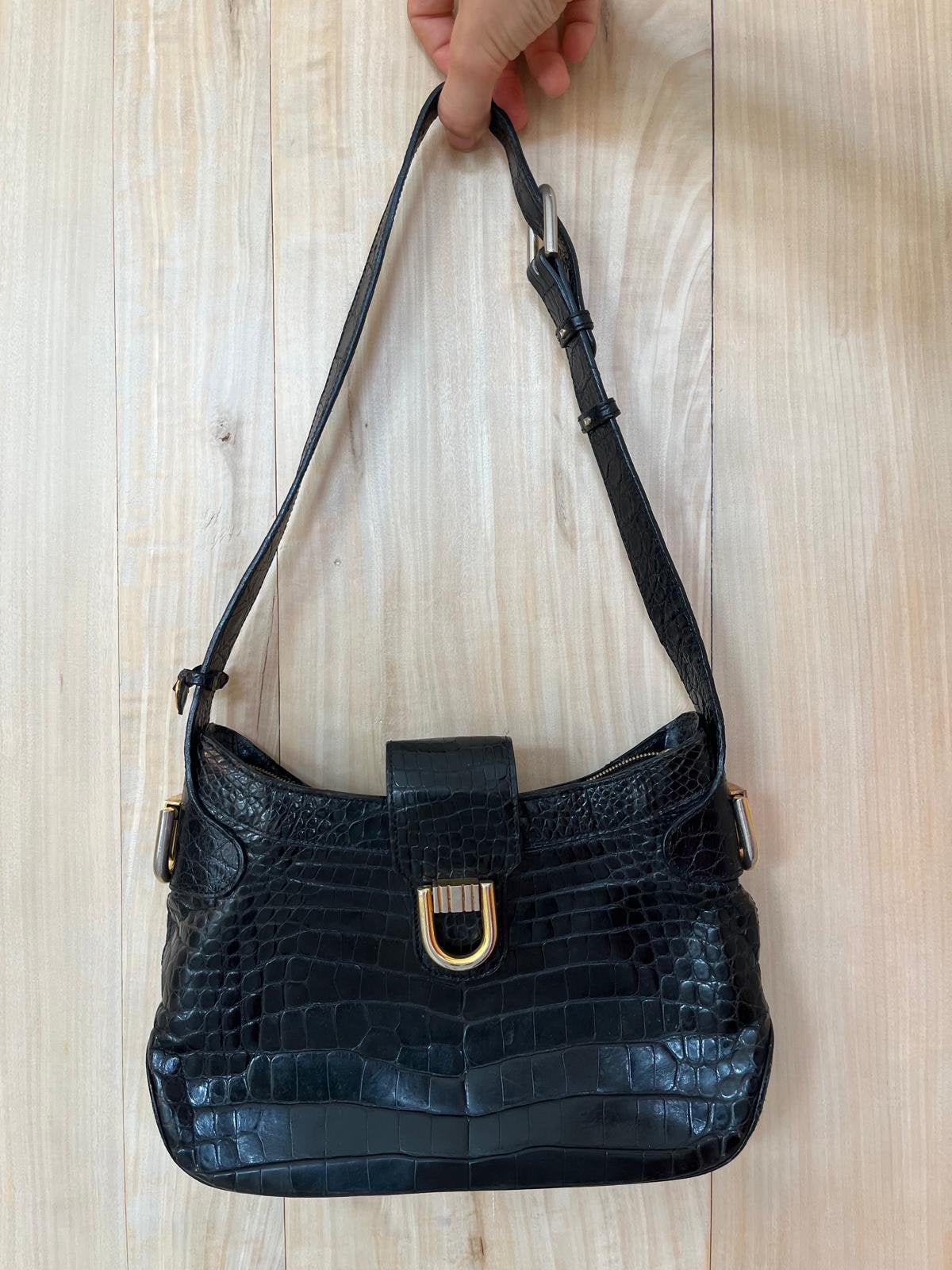 zwarte croco vintage lederen Delvaux Camargue handtas (1999), Ophalen of Verzenden, Zo goed als nieuw, Zwart, Handtas