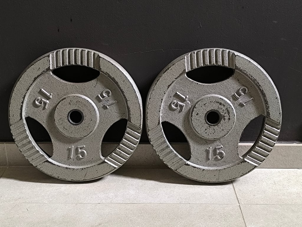 2 x 15kg plaques de musculation (30mm)., Enlèvement, Utilisé, Bras, Plaques d'haltères