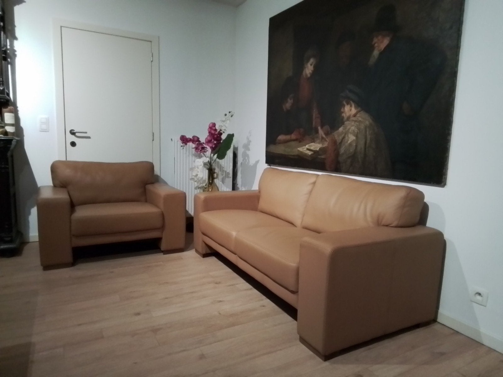 MOOIE LEDEREN SALONSET (3+1) COGNAC/CARAMEL IN NIEUWSTAAT., Enlèvement, Comme neuf, Cuir, MODERN  - KLASIEK