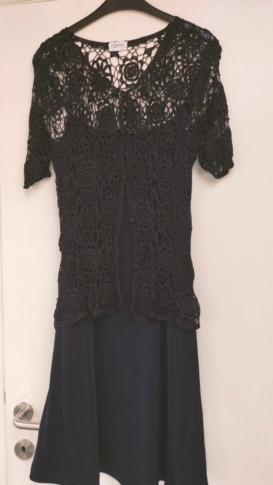 Together, feestelijke donkerblauwe set, jurk+fijn vest 38, Kleding | Dames, Ophalen of Verzenden