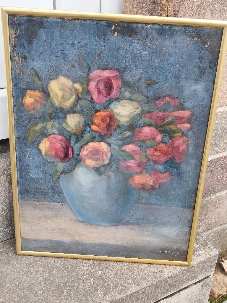 Huile sur papier fleurs signe Alfred duriau, Antiquités & Art, Enlèvement ou Envoi