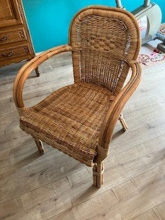Vintage Rotan tafel en stoelen, Tuin en Terras, Ophalen, Bijzettafel, Rotan, 3 zitplaatsen