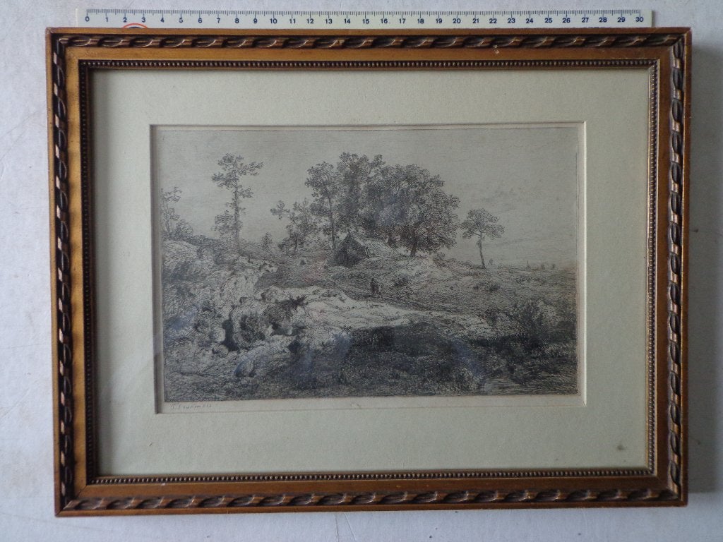 Fraaie ets van Théodore Fourmois "Landschap met bomen", Eau-forte, Paysage, Encadré, 1800 - 1899