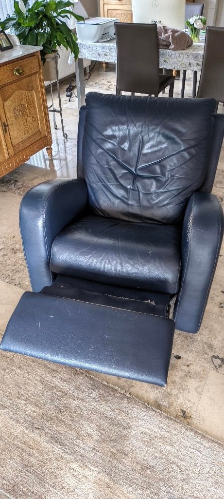 SALON BLAUW LEER 3-ZIT MET 2 RELAXEN EN 2 ZETELS RELAX, Huis en Inrichting, Ophalen, Gebruikt, Leer