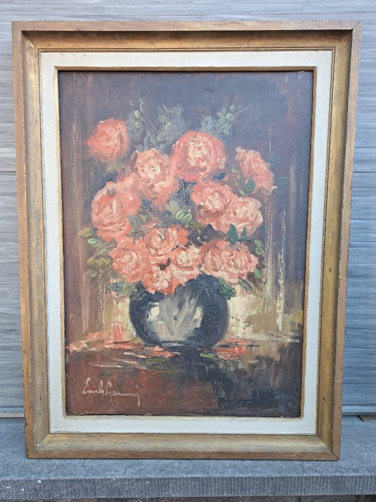 Huile sur toile fleur signe Émile lammers, Antiek en Kunst, Ophalen of Verzenden, Doek