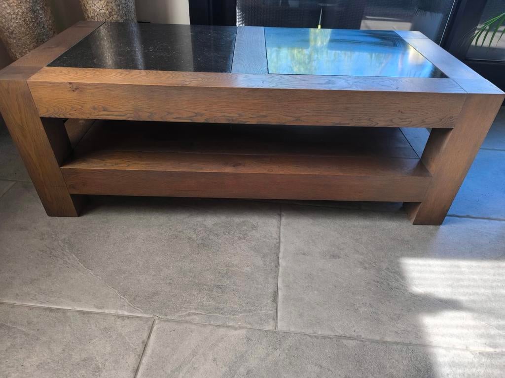 Prachtig massief eiken tv meubel met 2x marmeren blad. Lengt, Huis en Inrichting, Ophalen