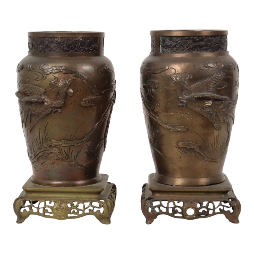Koppel Japanse Bronzen Vazen Meiji Periode Feniks 28cm, Enlèvement ou Envoi