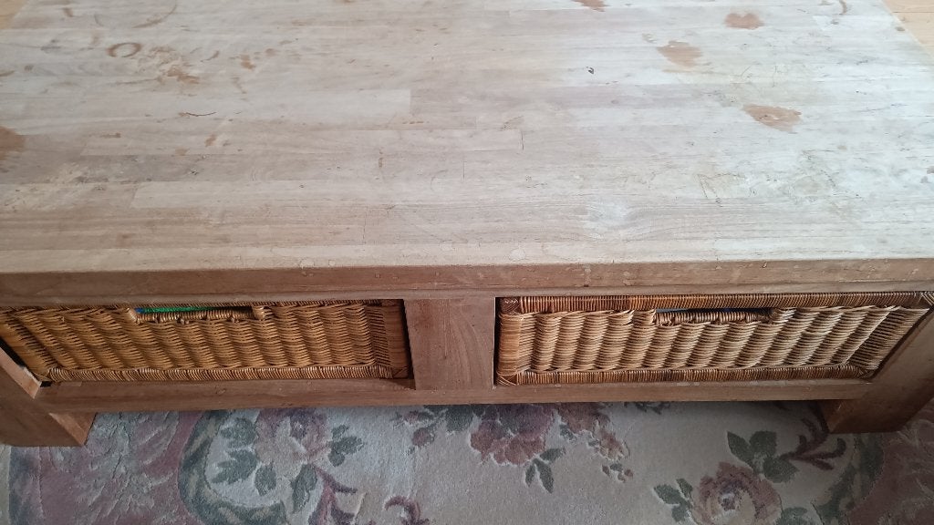 salontafel teak met rieten opbergmanden, Ophalen, Gebruikt, 100 tot 150 cm, Teakhout