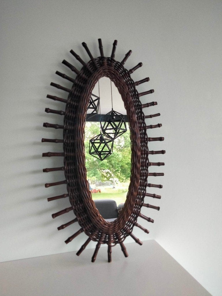 1970s vintage Boho spiegel rotan bamboe, Ophalen, Minder dan 50 cm, Gebruikt, Minder dan 100 cm