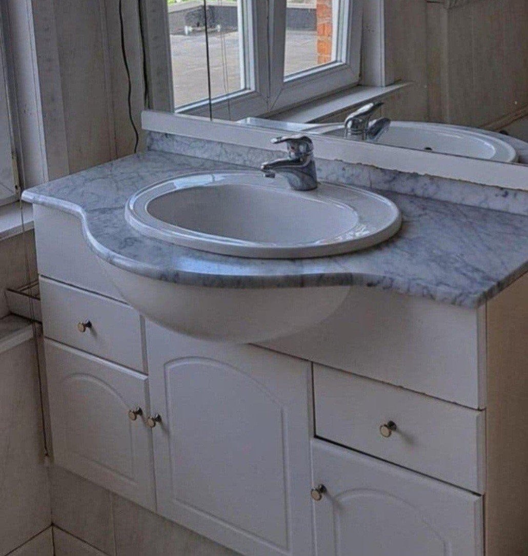 Marmeren blad + lavabo + kraan, Huis en Inrichting, Ophalen, Gebruikt, Wasbak of Wastafel