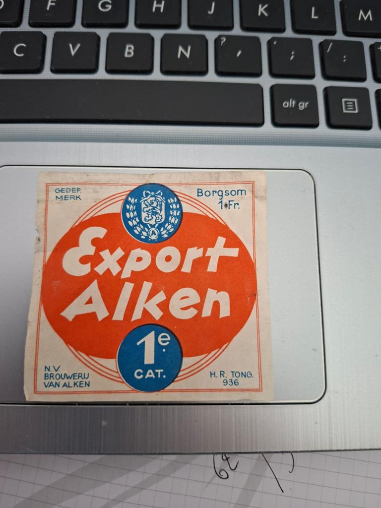 Los etiket van Export  Alken 1941, Verzamelen, Ophalen of Verzenden, Gebruikt, Overige typen, Overige merken