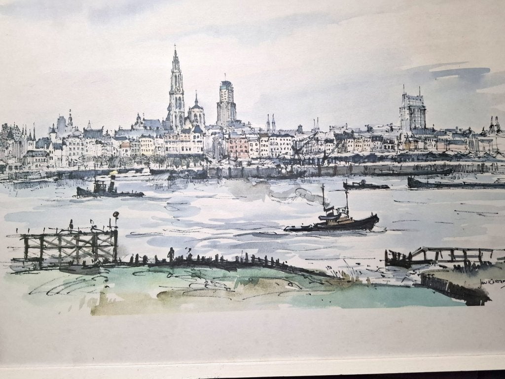 Jan Korthals Scheldezicht Antwerpen, Antiek en Kunst, Ophalen, Schilderij, Aquarel, Achter glas
