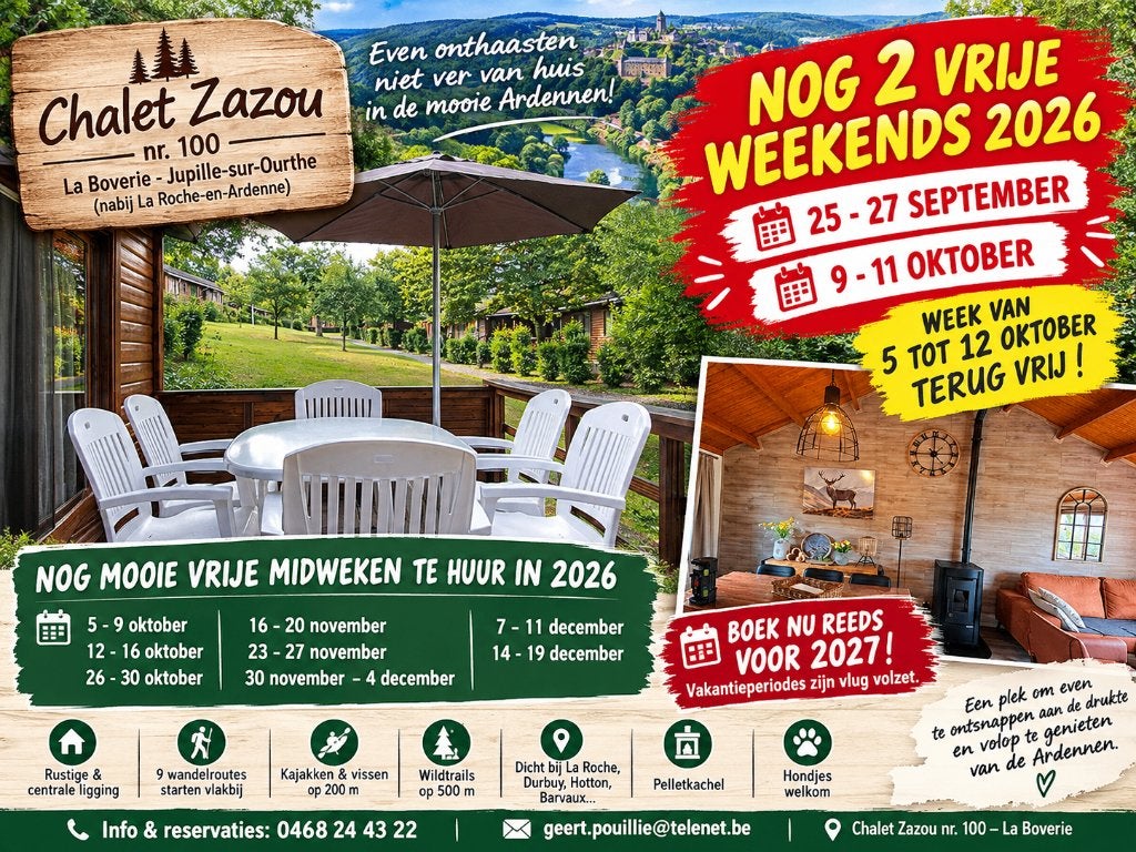 Gezellig chalet Ardennen.WEEKENDS 25 SEPT EN 9 OKT NOG VRIJ., Jupille sur ourthe, En direct du propriétaire, 3 pièces, 70 m²