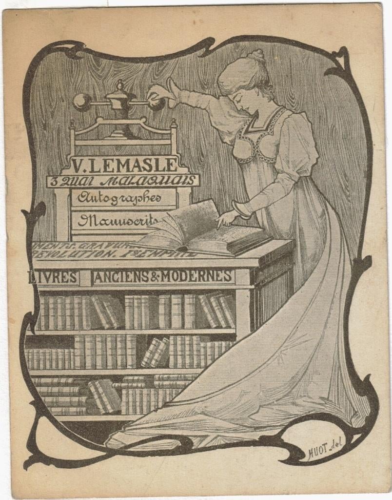 "V. Lemasle Livres Anciens et Modernes" adreskaart door Huot, Verzamelen, Geboortekaartjes en Visitekaartjes, Ophalen, Voor 1970