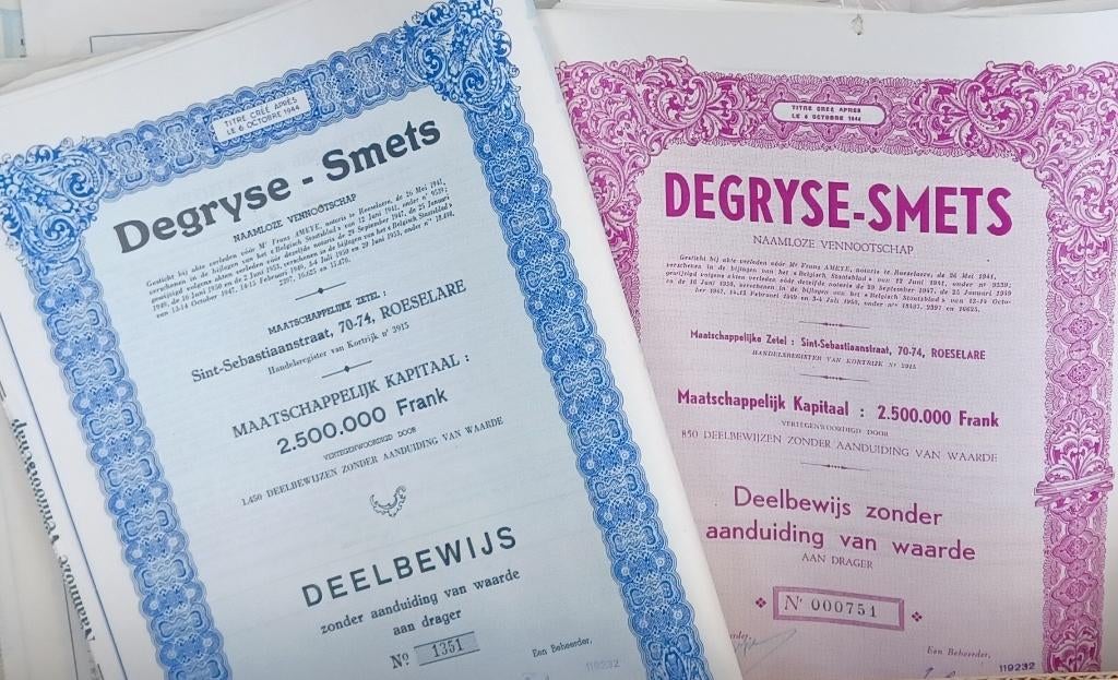 Degryse-Smets - Roeselare -Deelbewijzen ( koloniale waren ), Postzegels en Munten, Aandelen en Waardepapieren, Verzenden
