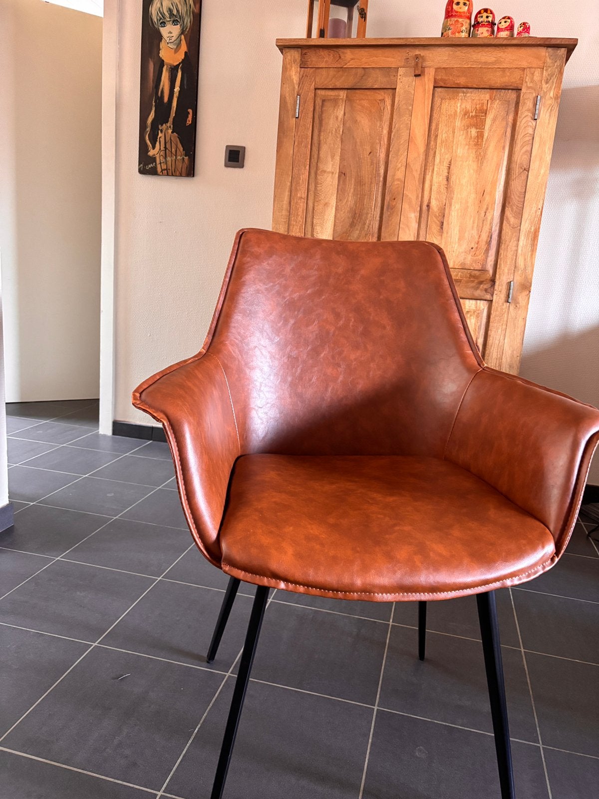 4 stevige stoelen, cognackleurig., Ophalen, Overige kleuren, Leer, Zo goed als nieuw