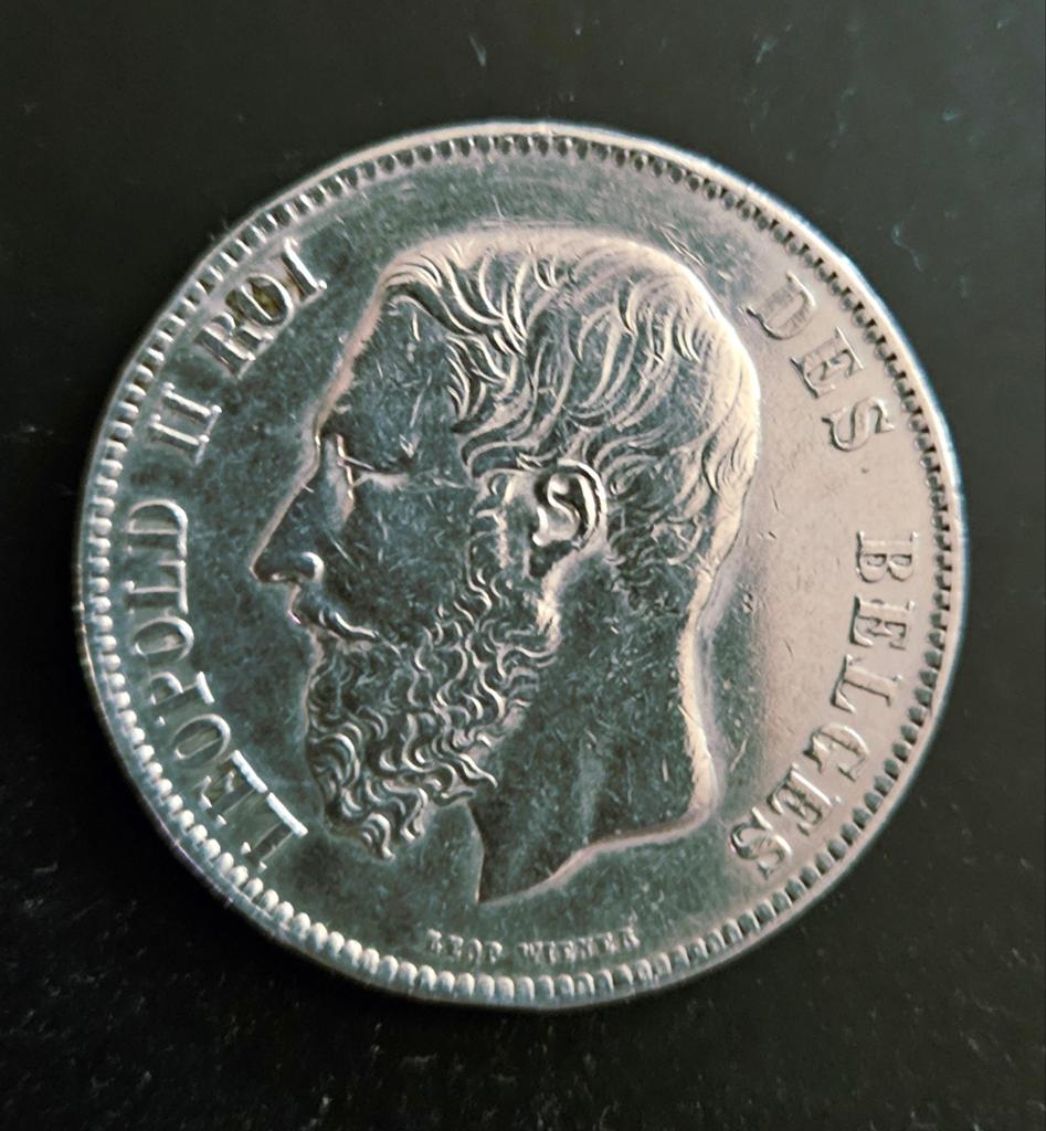 Prachtige Zilveren 5 Frank Munt - Koning Leopold II (België), Postzegels en Munten, Munten | Amerika, Losse munt, Zilver, Ophalen