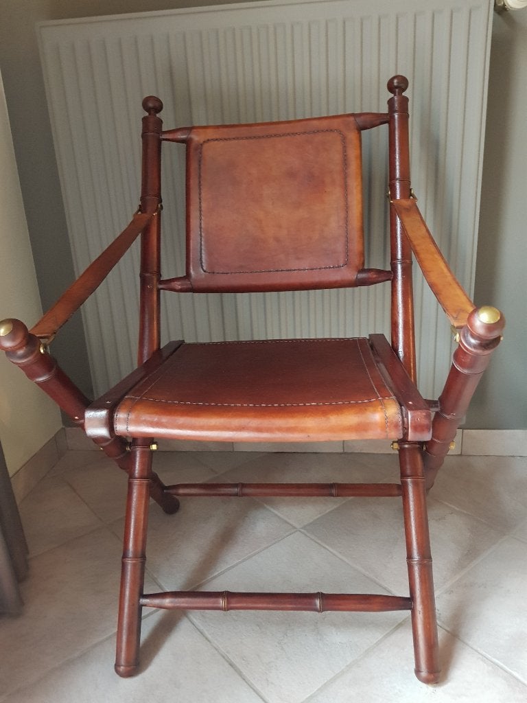 Hout met leder klapstoel bamboe stijl, Ophalen