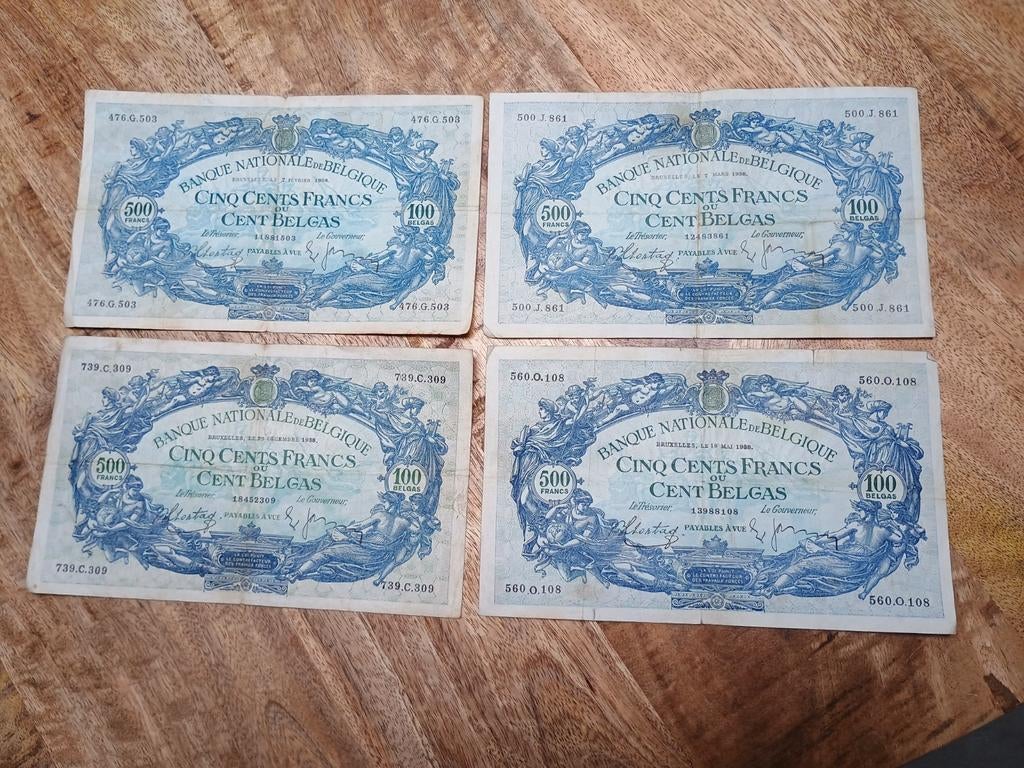 4 stuks 500 frank  100 Belga 1938, Ophalen of Verzenden