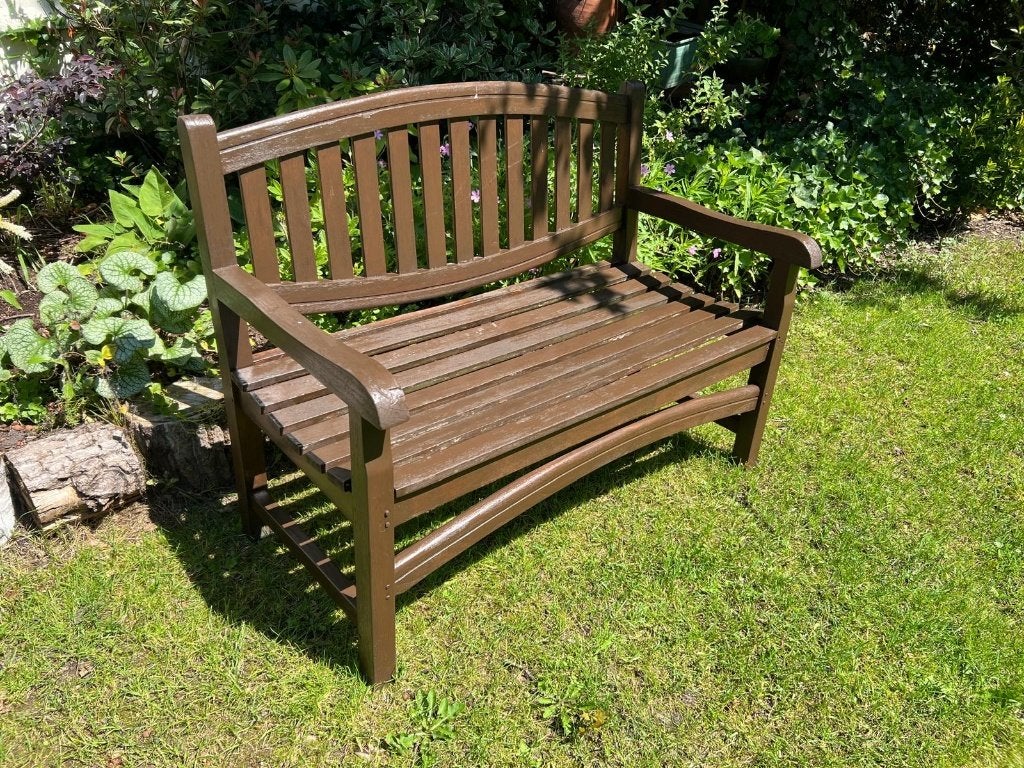 Stevige teakhouten tuinbank – klassiek model – 2-zits 120cm, Tuin en Terras, Tuinbanken, Ophalen, Gebruikt, Teakhout