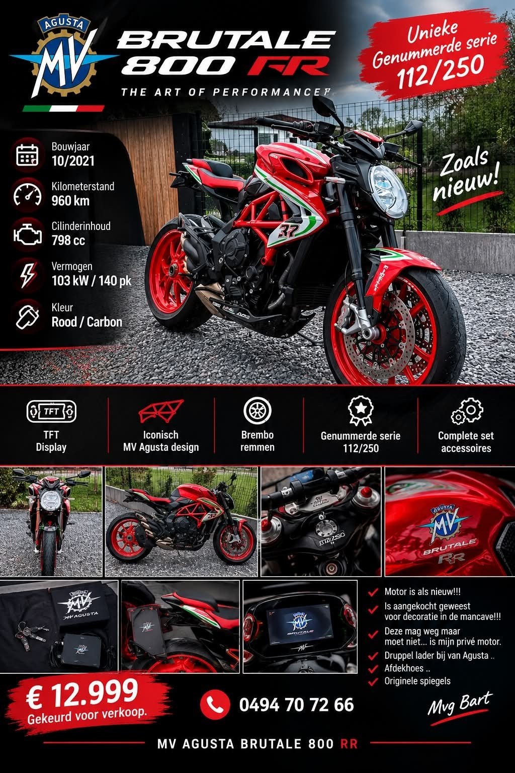 Mv agusta brutale RR Genummerde serie nieuwstaat!!!!, Motos, ABS, Permis Moto A, 798 cm³, Entreprise