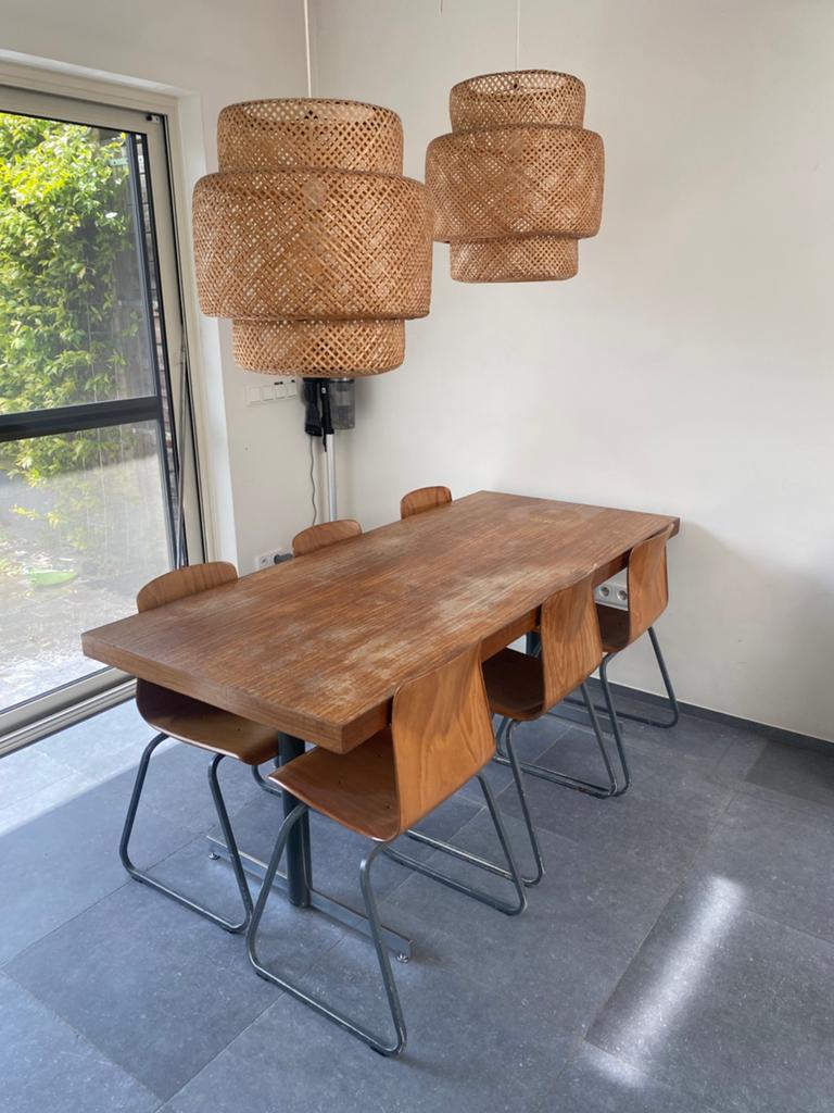 Vintage eettafel met zes stoelen hout en metaal, Huis en Inrichting, Ophalen, Gebruikt, Vintage, 50 tot 100 cm