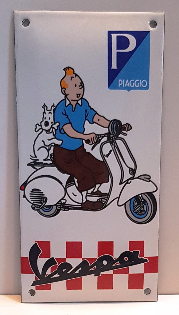 Tintin et Bobby avec une Vespa « PIAGGIO Vespa Garage », Envoi, Neuf, Panneau publicitaire