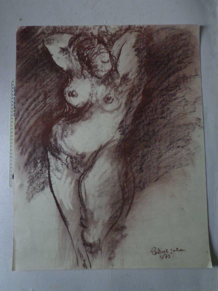 krijttekening van mollige sensuele naakte vrouw Johan Gobert, Ophalen of Verzenden, Tekening, Krijttekening, Origineel