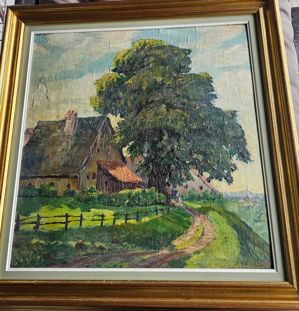 Schilderij gesigneerd Lindl — boerderijlandschap met grote a, Antiek en Kunst, Kunst | Schilderijen | Klassiek, Ophalen