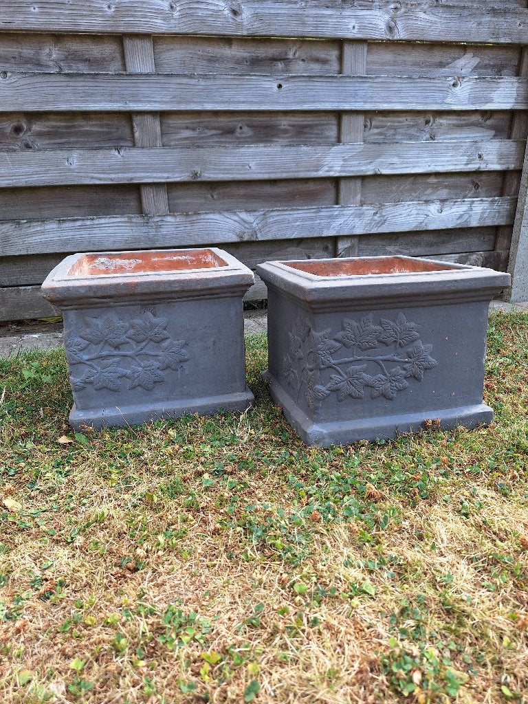 2 vierkante terracotta bloempotten, Tuin en Terras, Ophalen, Gebruikt, Vierkant, Terracotta