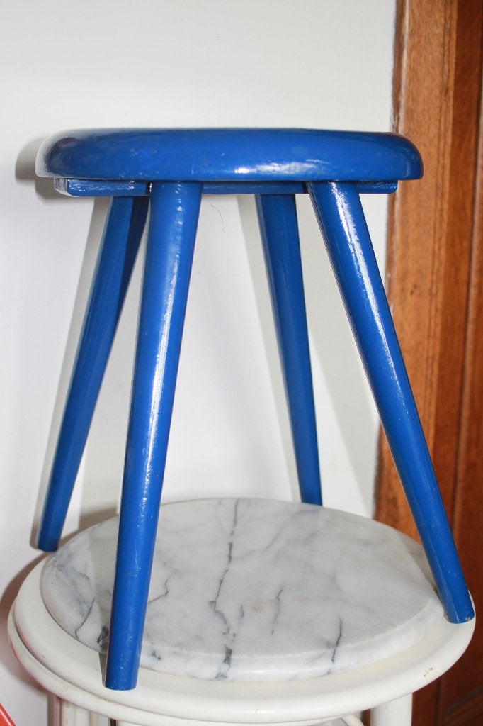 Vintage - Houten Krukje – Eyecatcher Kobaltblauw, Antiek en Kunst, Ophalen of Verzenden
