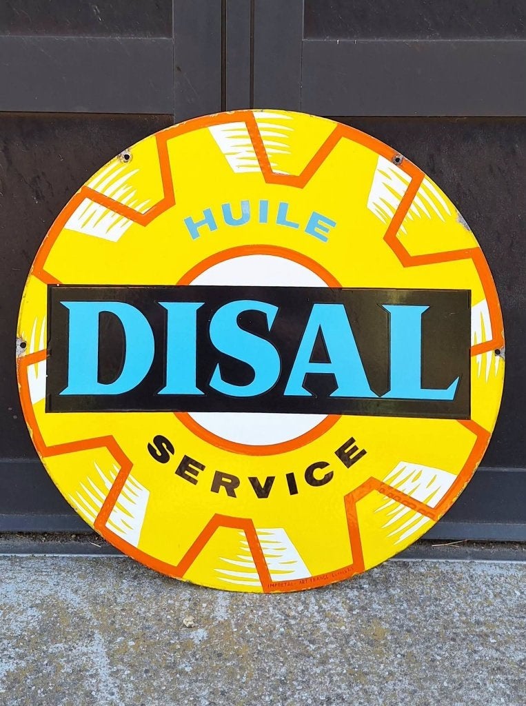 Dubbelzijdig emaille reclamebord van Huile Disal Service., Enlèvement ou Envoi, Utilisé, Panneau publicitaire