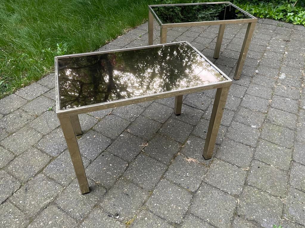 Set van 2 bijzettafels – Gerookt spiegelglas & chroom, Ophalen of Verzenden, Gebruikt, Rechthoekig, Glas