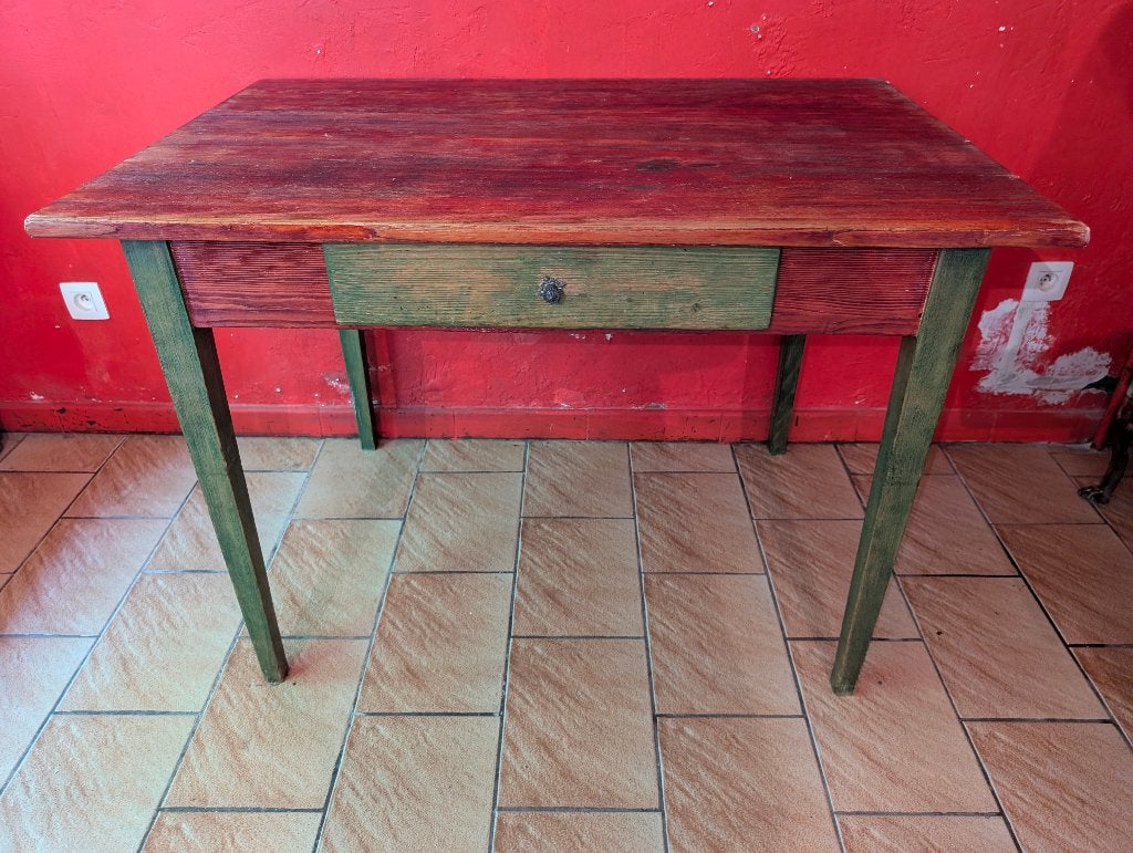 Table vintage bicolore en bois massif avec tiroir, Enlèvement