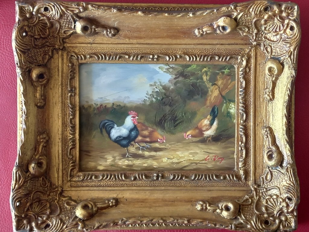 G. Roy - Kippen, Antiek en Kunst, Ophalen of Verzenden, Olieverf, Dieren, Paneel