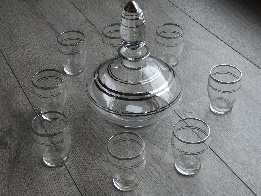 Likör / Whisky Set – Karaf met Dop + 8 Bijhorende Glazen, Antiek en Kunst, Ophalen