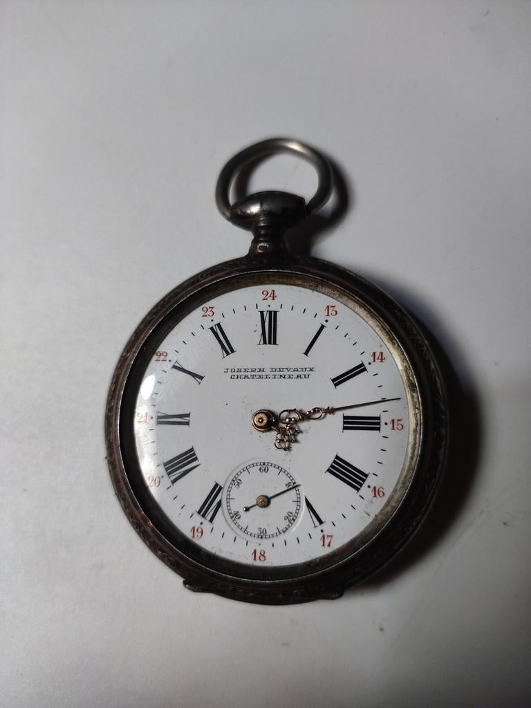 Massief zilveren .800 zakhorloge, versierd Joseph devaux, Ophalen of Verzenden, Zilver, Zakhorloge