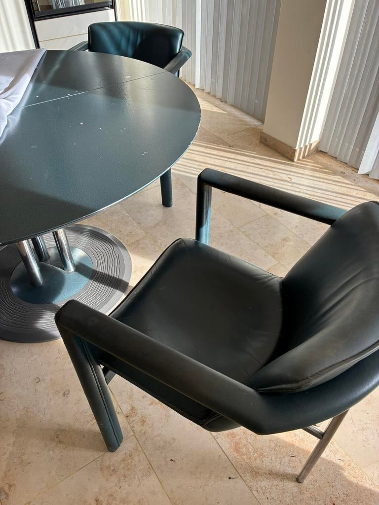 Keukentafel + 4 lederen zeteltjes/stoelen, Huis en Inrichting, Ophalen, Gebruikt, Overige kleuren, Vier