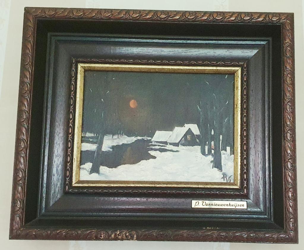 Olieverf schilderij winterdorp, Antiek en Kunst, Ophalen of Verzenden
