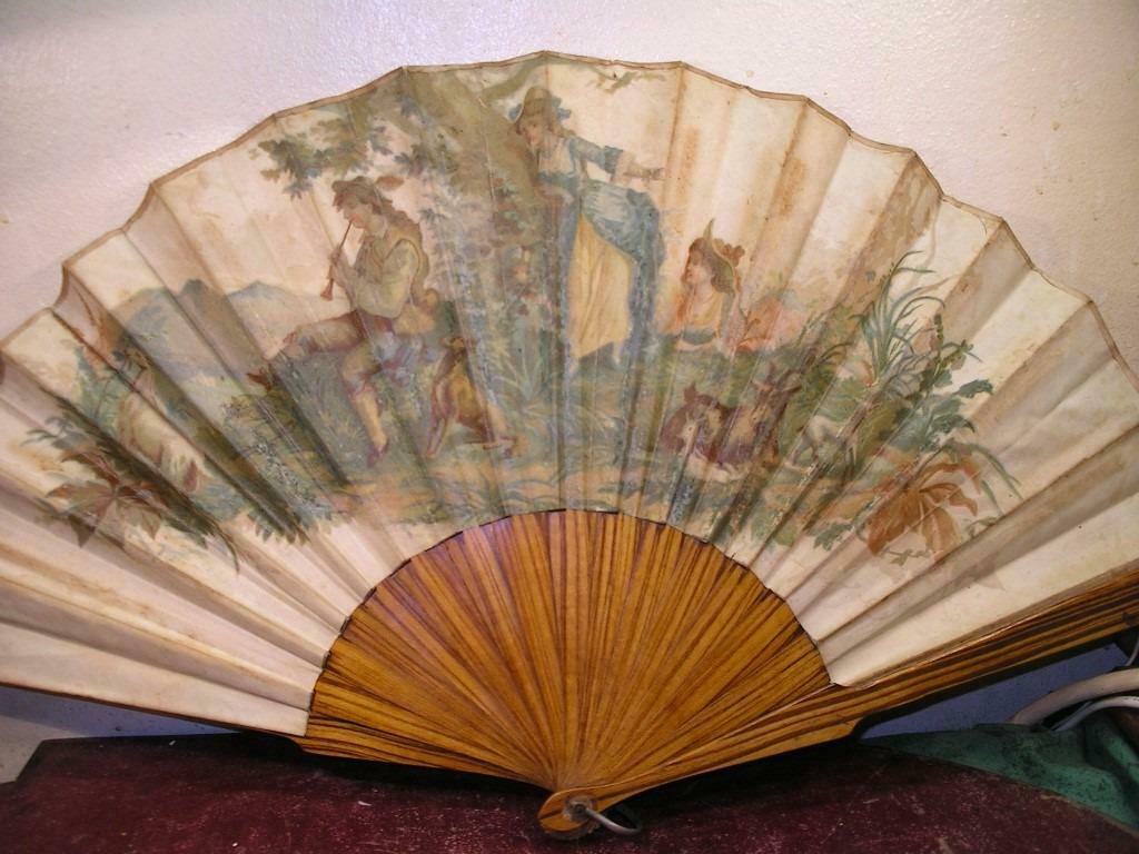 GROTE 19e ZIJDE VENTILATOR "LANDSCÈNE MET KARAKTERS", Antiek en Kunst, Ophalen of Verzenden