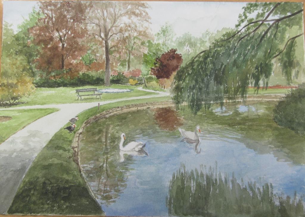 Aquarelle L. Boschmans - Petit étang du Vrijbroekpark Mechel, Enlèvement ou Envoi