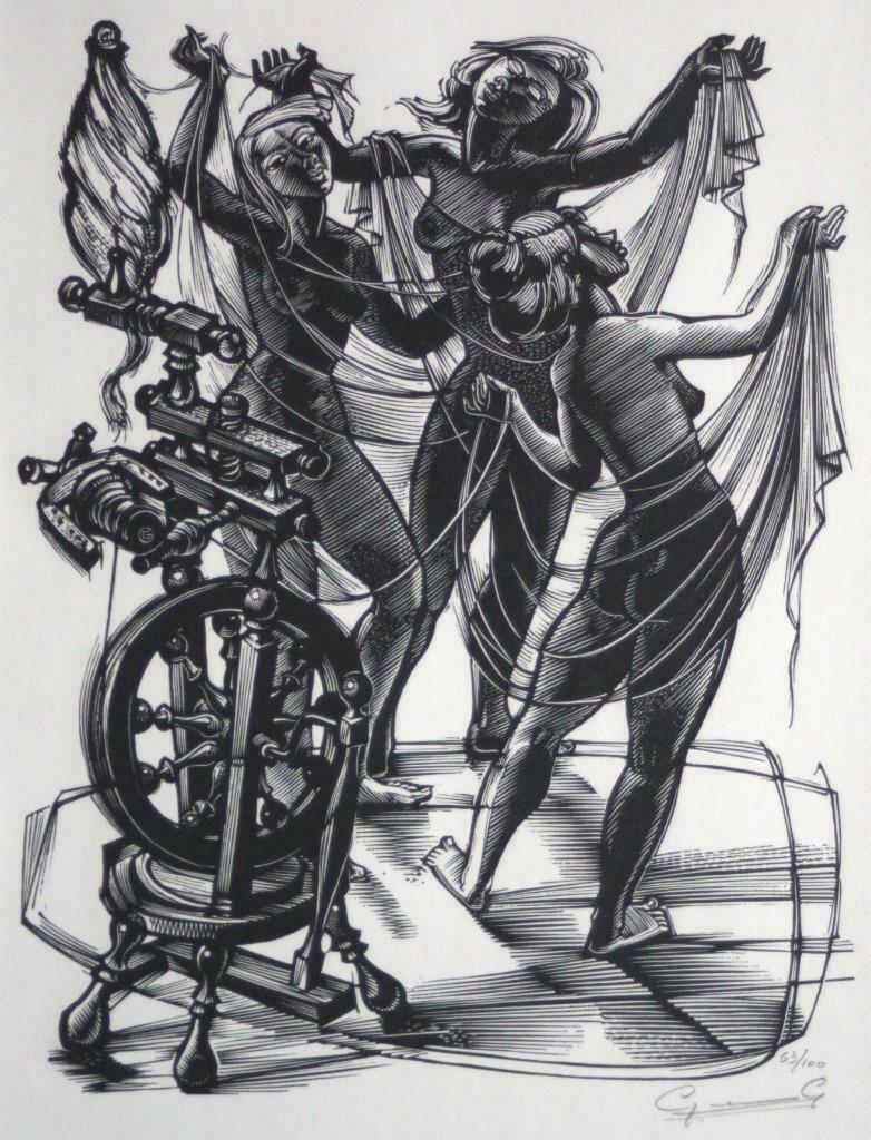 houtsnede Gerard Gaudaen (1927-2003) Drie spinsters, Enlèvement ou Envoi