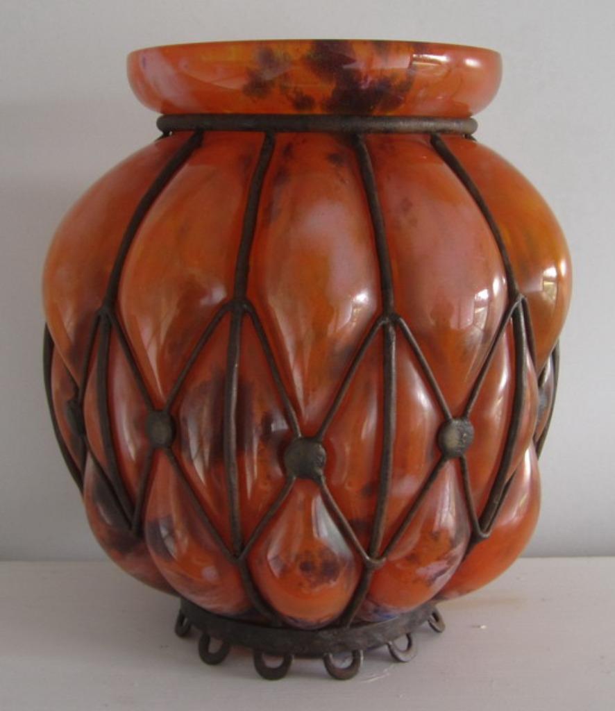 vase art déco en Pate de Verre Lorrain en fer forgé, Antiquités & Art, Enlèvement