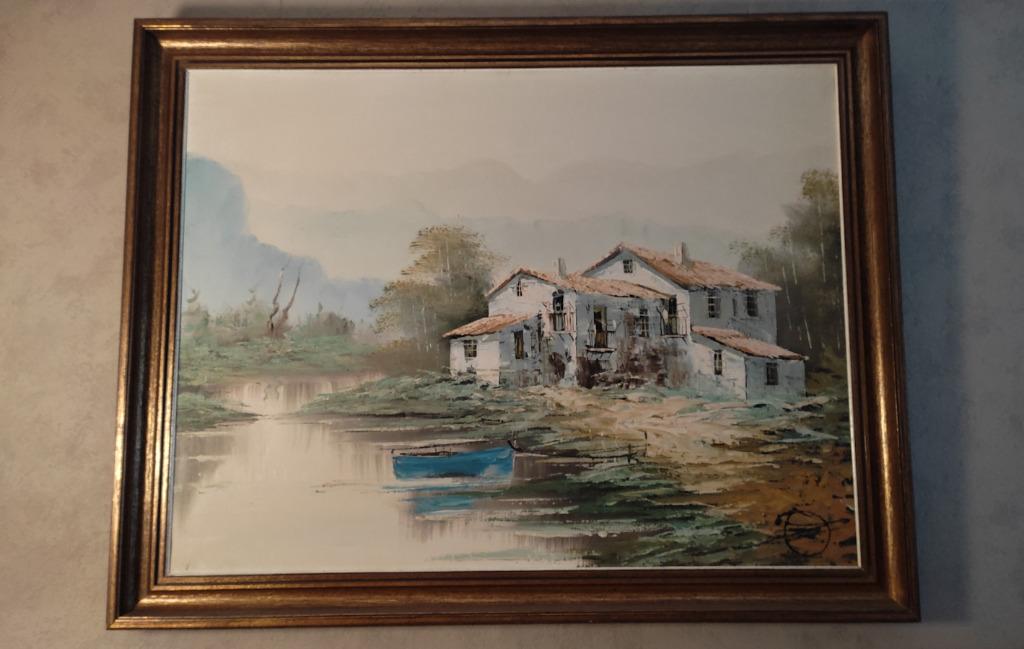 Gesigneerd olieverf op doek, landschap, rand van het water, Ophalen