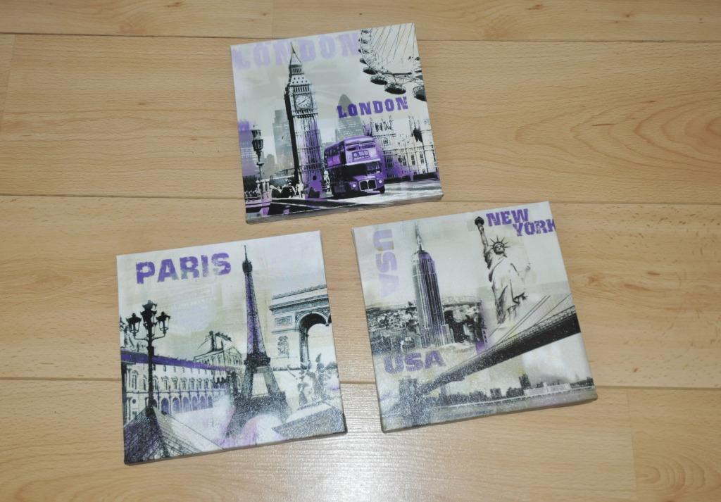 Lot de 3 cadres toiles 20x20cm Paris-Londres-New York, Enlèvement ou Envoi, Comme neuf