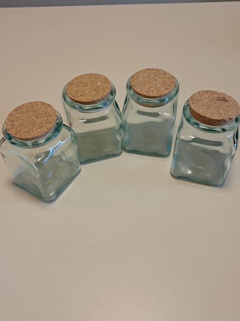 4 pots en verre avec couvercle en liège, Maison & Meubles, Enlèvement ou Envoi, Utilisé, Verre, Récipient(s)