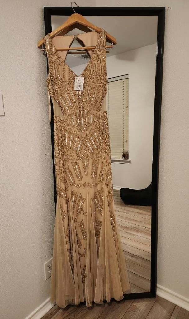 Lange avondjurk goud met kraaltjes en strass RALPH LAUREN, Kleding | Dames, Galajurk, Maat 42/44 (L), Nieuw, Ophalen of Verzenden