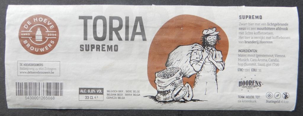 Bieretiket Toria Supremo Brouwerij De Hoeve Brouwers (10t5), Verzenden, Gebruikt